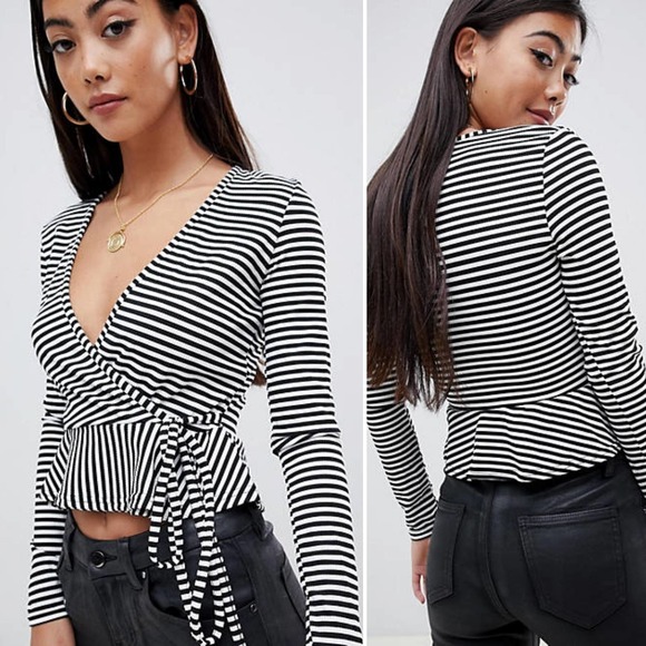 ASOS Boohoo Stripe Side Tie Wrap Top NWT - Picture 1 of 7